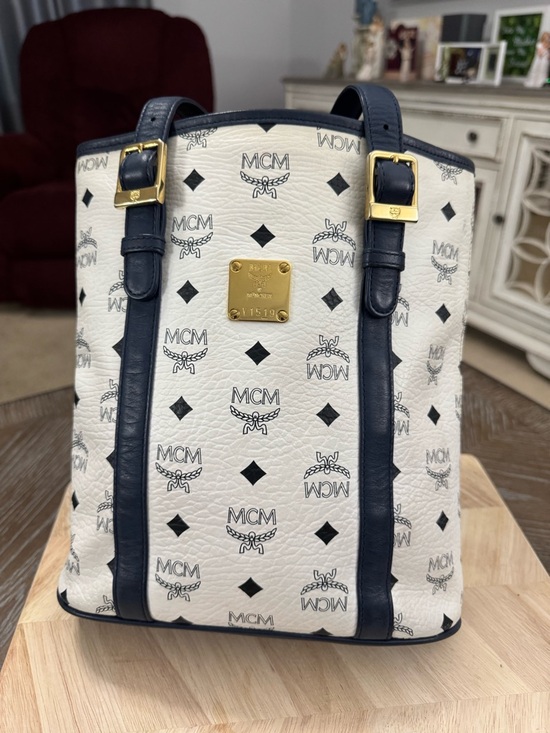 MCM Handbags - MCM White Leather Bucket Bag Logo Tote with Navy Leather Trim & Gold Plaque